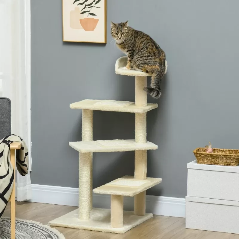 Arbre à chat beige 4 niveaux, poteaux en sisal