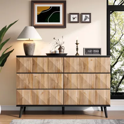 Buffet six tiroirs noir et bois naturel