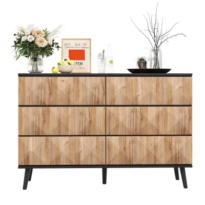 Buffet six tiroirs noir et bois naturel – image 3