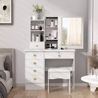 Coiffeuse avec miroir coulissant et 6 tiroirs