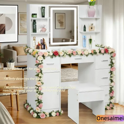 Coiffeuse en bois avec miroir LED et tiroirs – image 2