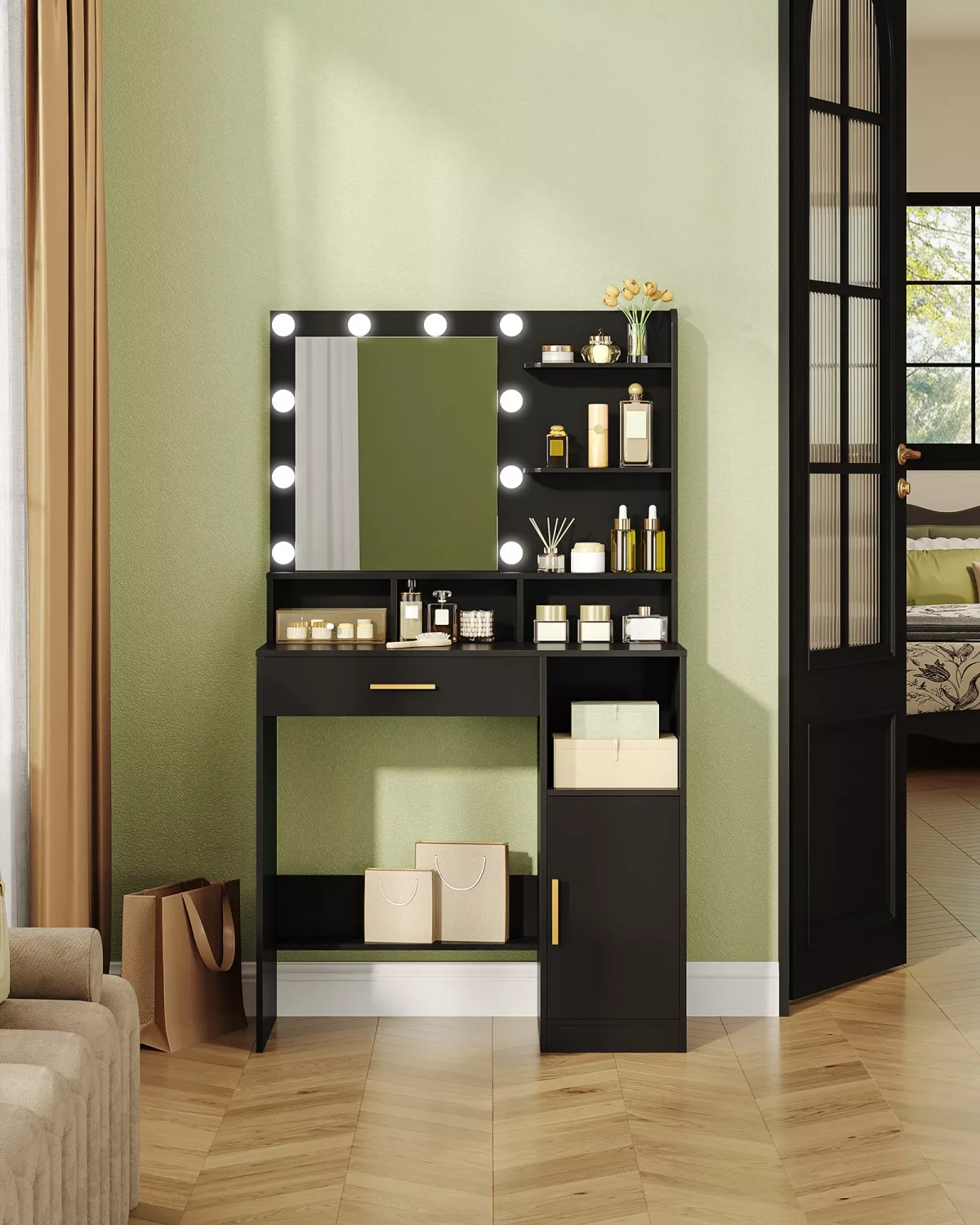 Coiffeuse noire avec miroir et éclairage LED