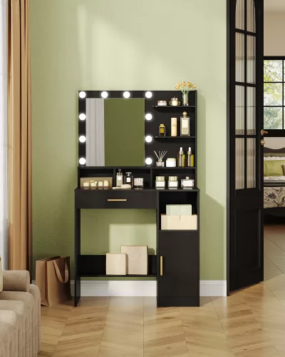 Coiffeuse noire avec miroir et éclairage LED