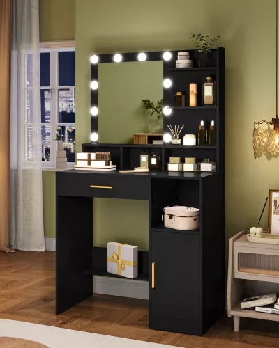 Coiffeuse noire avec miroir et éclairage LED – image 3