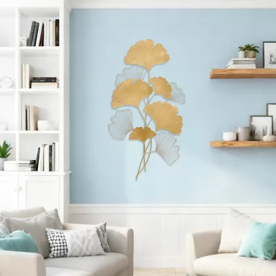 Décoration murale ginkgo en fer doré