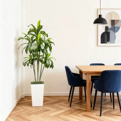 Dracaena artificiel en plastique, pot blanc – image 2
