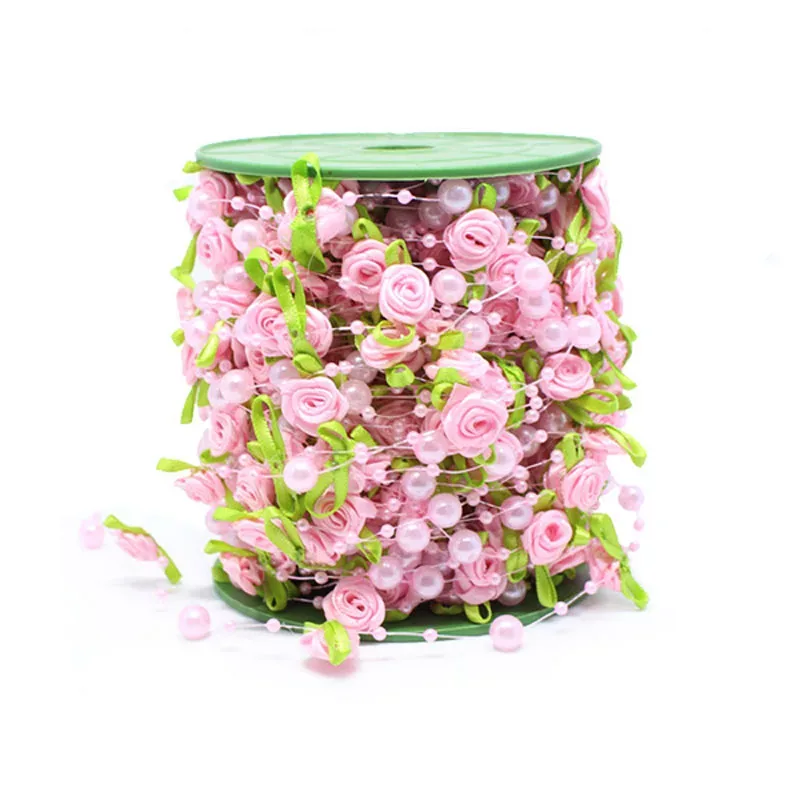 Guirlande de perles et feuilles rose, 2 m