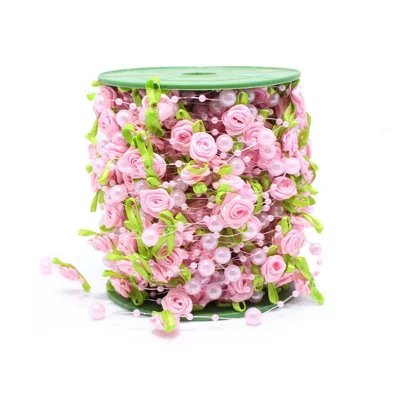Guirlande de perles et feuilles rose, 2 m