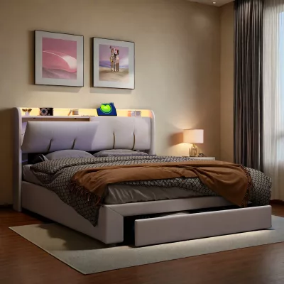 Lit coffre capitonné en velours beige avec LED