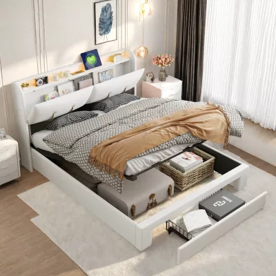 Lit coffre capitonné en velours beige avec LED – image 2