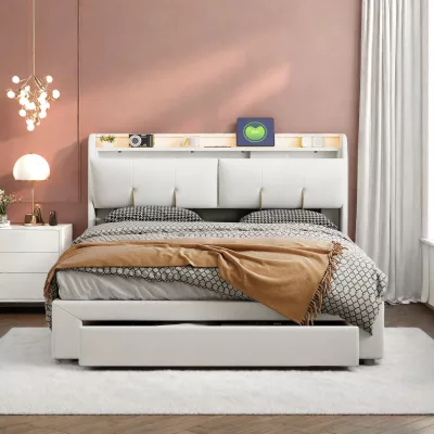 Lit coffre capitonné en velours beige avec LED – image 3