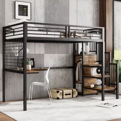 Lit mezzanine en fer avec armoire et échelle