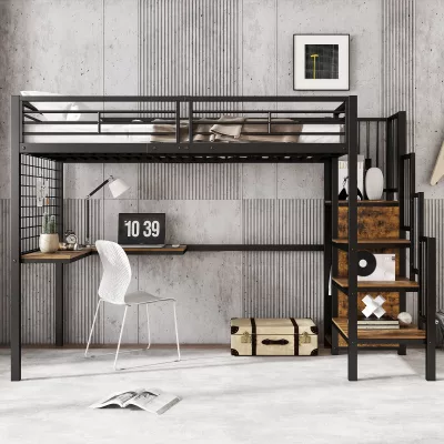 Lit mezzanine en fer avec armoire et échelle – image 2