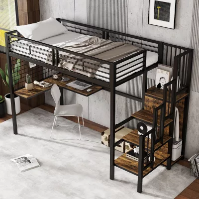 Lit mezzanine en fer avec armoire et échelle – image 3