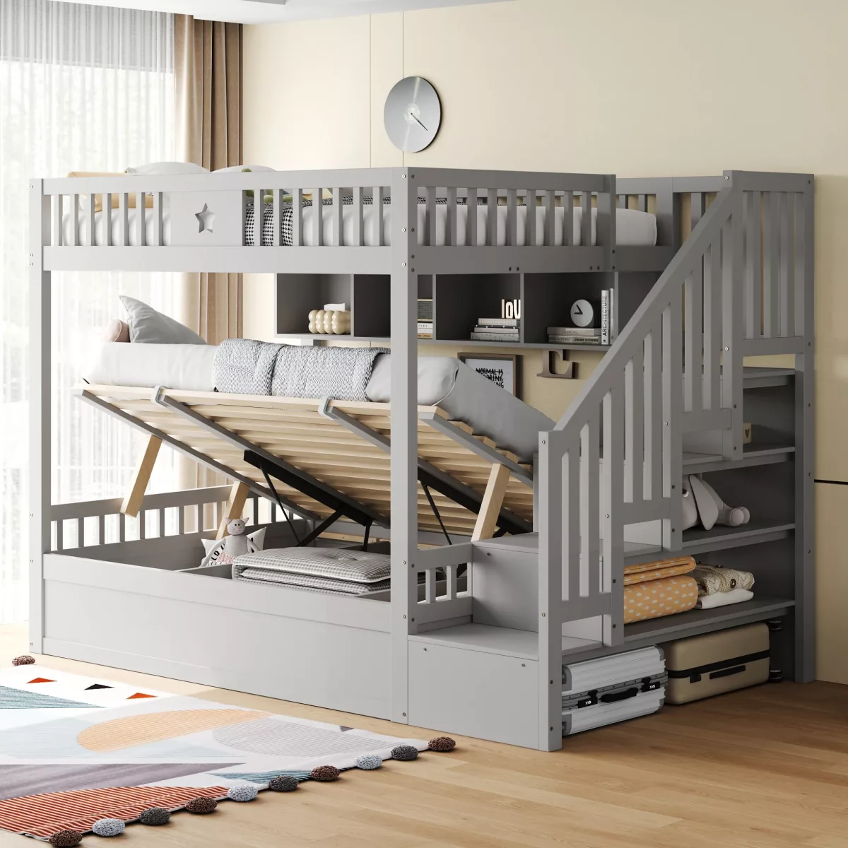 Lit superposé en bois gris avec rangement