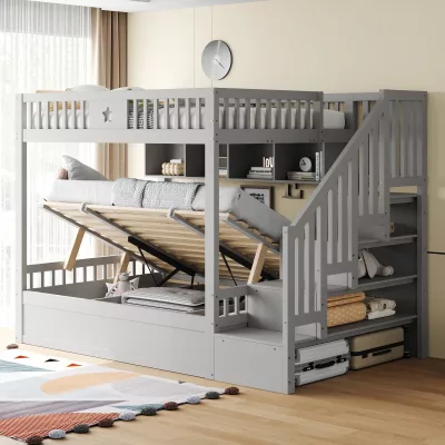 Lit superposé en bois gris avec rangement