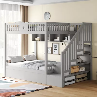 Lit superposé en bois gris avec rangement – image 2