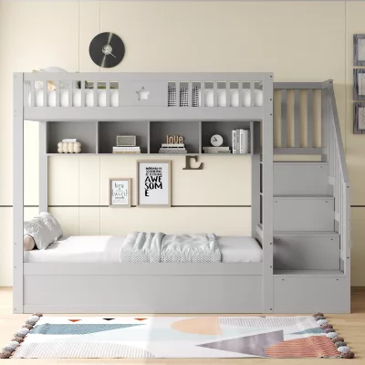 Lit superposé en bois gris avec rangement – image 3