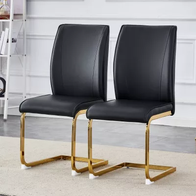 Lot de 2 chaises simili cuir noir, pieds dorés – image 2