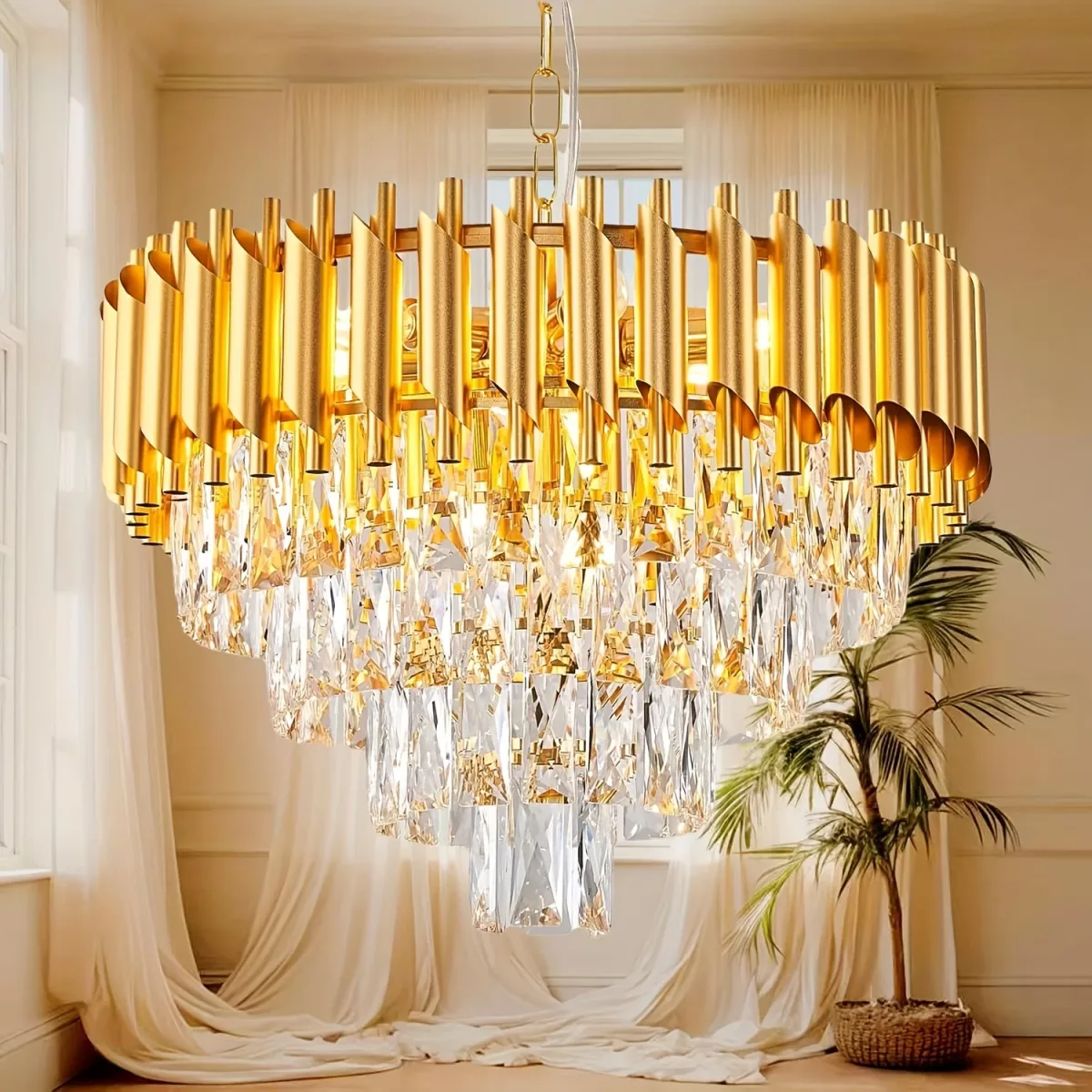 Lustre circulaire doré en cristal, culot E14