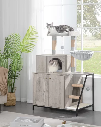 Meuble cache-litière pour chat avec griffoir